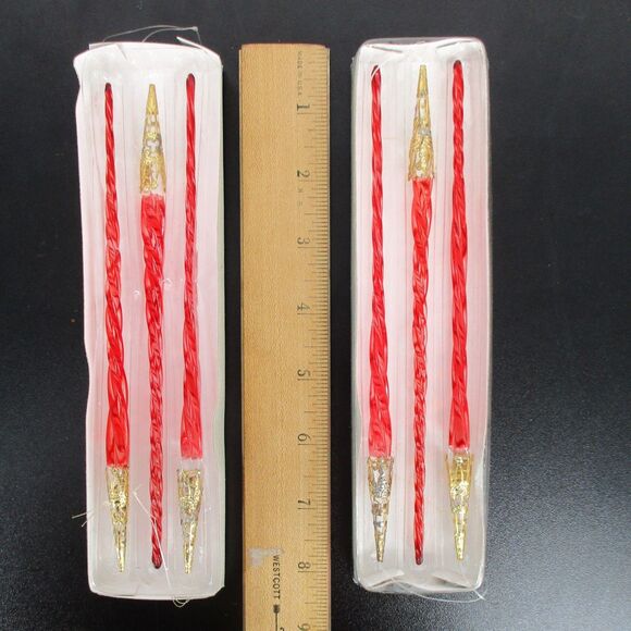Vtg Glass Icicle Ornaments Set of 6 Red Twisted Gold Finial Tips Original Box 9" - Picture 2 of 4